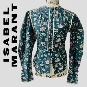 ISABEL MARANT POPLIN BLOUSE GREEN FLORAL Sz 34 PUFFED LUXURY FAIRYTALE CORE